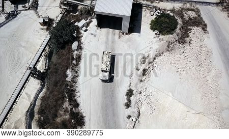 Aerial View On A Truck Loaded With Lime At Quarry Factory.