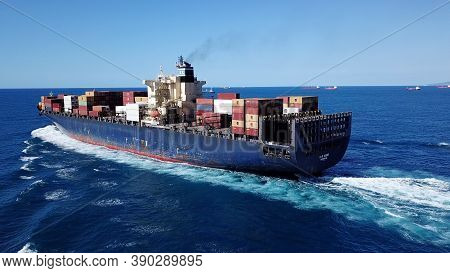 Haifa, Israel - October 1, 2020: Ulcv Fully Loaded With Freight Container. Ultra-large Container Ves