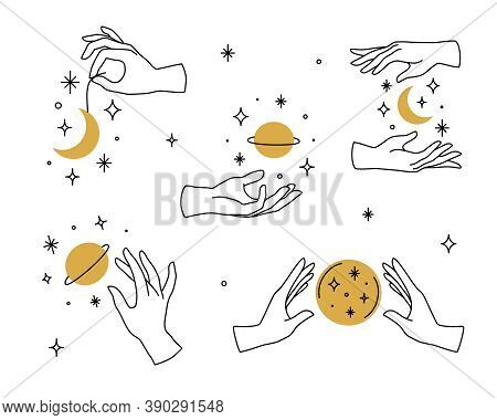 Vector Set Of Female Hand Logos, Icons In Minimal Linear Style. Emblem Design Templates With Hand Ge
