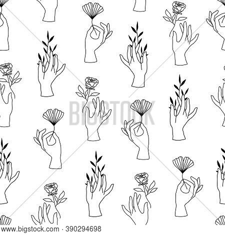 Vector Seamless Pattern Of Female Hands In Minimal Linear Style. Background With Hand Gesture Holdin