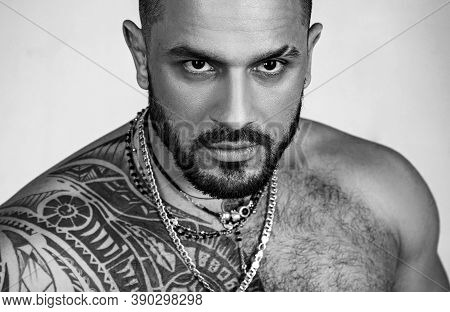 Sexy Abs Of Tattoo Man. Male Fashion. Muscular Macho Man With Athletic Body. Confidence Charisma. Sp