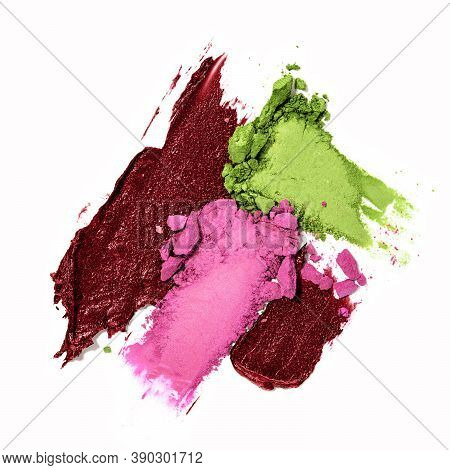 Still Life Of Makeup Products Isolated On A White Background. Abstract Composition Of Smudged And Sc