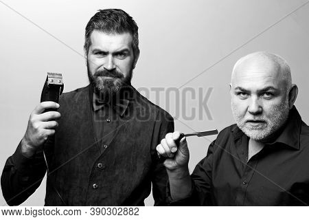 Old Father And Son - Barbershop Concept. Fathers Day. Senior Man Visiting Hairstylist In Barbershop