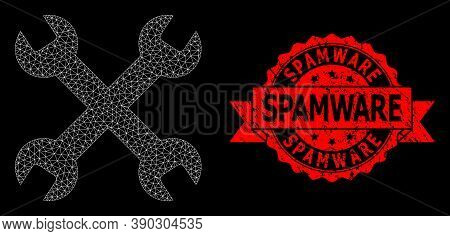 Mesh Network Wrenches On A Black Background, And Spamware Grunge Ribbon Stamp Seal. Red Stamp Seal H