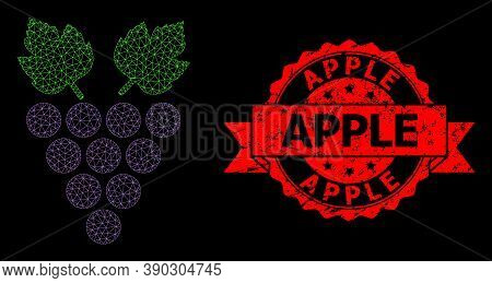 Mesh Polygonal Grape On A Black Background, And Apple Dirty Ribbon Seal. Red Seal Has Apple Title In