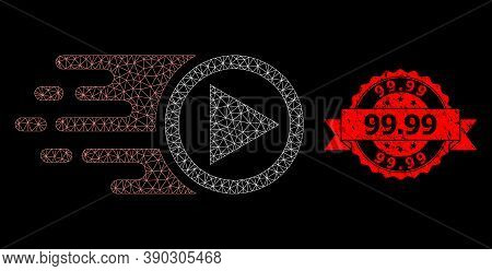 Mesh Net Move Right On A Black Background, And 99.99 Grunge Ribbon Stamp Seal. Red Stamp Seal Has 99