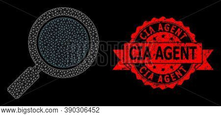 Mesh Network Search Loupe On A Black Background, And Cia Agent Unclean Ribbon Stamp Seal. Red Stamp 