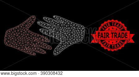Mesh Web Fair Trade Handshake On A Black Background, And Fair Trade Scratched Ribbon Seal. Red Seal 