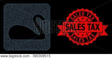 Mesh Network Swan On A Black Background, And Sales Tax Scratched Ribbon Stamp. Red Stamp Seal Contai
