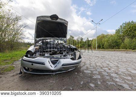 Drawsko, Zachodniopomorskie / Poland - October, 09, 2020: Destroyed Passenger Car. Car After A Road 