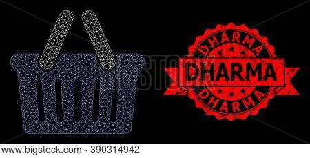 Mesh Polygonal Shopping Basket On A Black Background, And Dharma Corroded Ribbon Seal. Red Stamp Sea