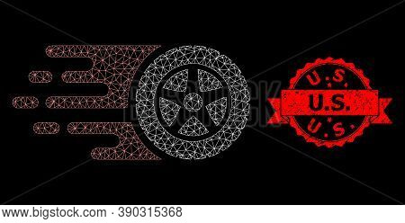 Mesh Web Tire Wheel On A Black Background, And U.s. Rubber Ribbon Seal Print. Red Seal Contains U.s.