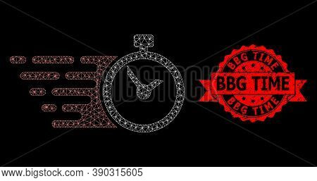 Mesh Polygonal Time On A Black Background, And Bbg Time Scratched Ribbon Stamp. Red Stamp Includes B