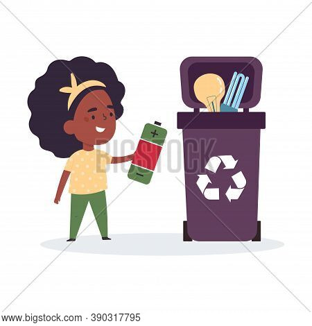 Cute Girl Sorting Trash And Garbage For Recycling. The Girl Found The Proper Container For Electroni