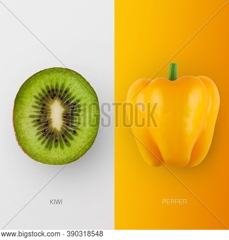 Fresh Kiwi And Bell Pepper Isolated On White And Yellow Background. Collage Of Fruit And Vegetable C