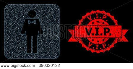 Mesh Polygonal Groom On A Black Background, And V.i.p. Unclean Ribbon Stamp Seal. Red Stamp Has V.i.