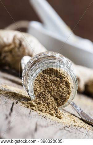 Ground Ginger, Old Wooden Background, Selective Focus