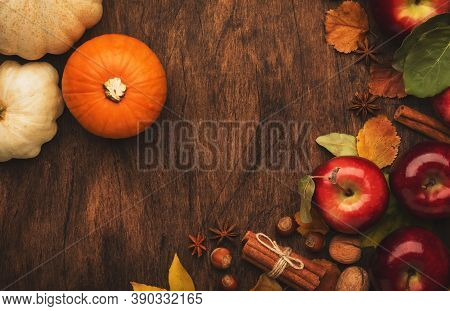 Thanksgiving Background, Food Autumn Harvest Concept. Rustic Table With Apples, Pumpkins, Nuts, Grap