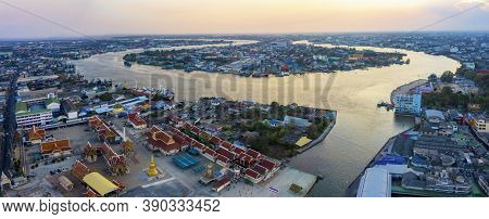 Aerial View Of Tha-chin River In Samuthsakorn Province Outskirt Of Bangkok Thailand