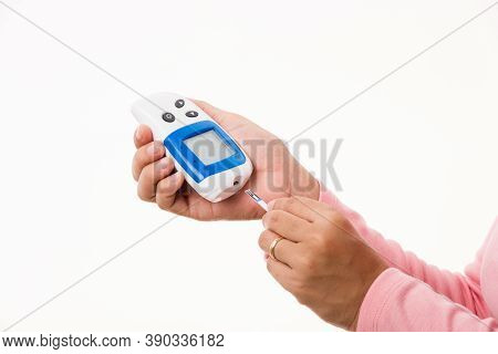Closeup Hand Woman Measuring Glucose Test Level Checking On Finger By Glucometer She Monitor And Con