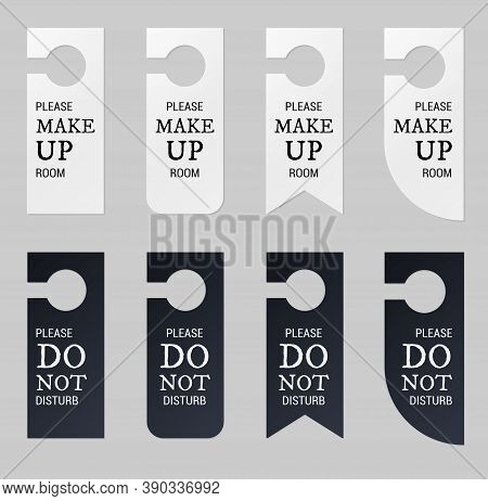 Door Hangers For Hotel Room. Set Of White And Black Label Hanger With Text For Hotel Or Resort. Temp