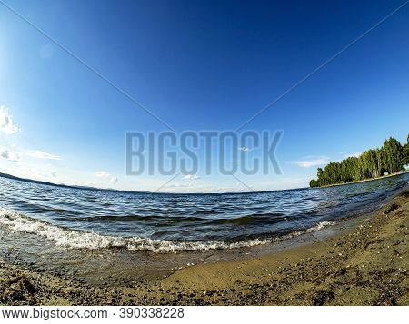 Shore Of The Lake, Sand, Lapping Waves, Blue Sky With Light Clouds, Fisheye Lens, Lake Uvildy