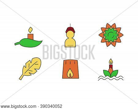 Loi Krathong Festival Icon Set Of Candle On Leaf, Traditional Wearing, Flower, Leaf, Leaf Boat On Wa