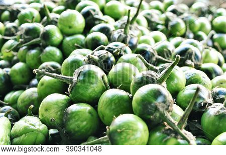Eggplant Fruit Display In Traditional Local Market.