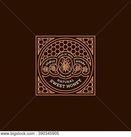 Label Design Tamplate In Trendy Linear Style For Honey Packaging Witn Floral Ornament And Bee. Vecto
