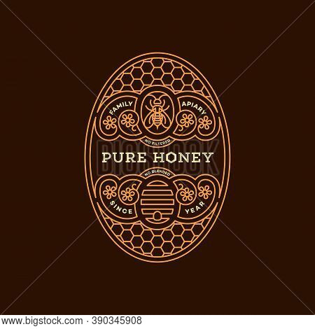 Label Design Tamplate In Trendy Linear Style For Honey Packaging Witn Floral Ornament, Bee And Beehi