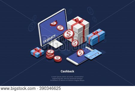 3d Isometric Composition Of Money Coins Getting From Computer Screen To Mobile Phone. Gifts Boxes St