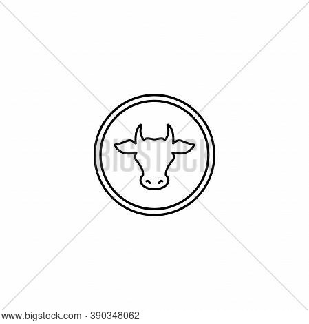 Cow Head In Circle. Line Icon. Farm Animal Label. Beef, Milk, Lactose Symbol.