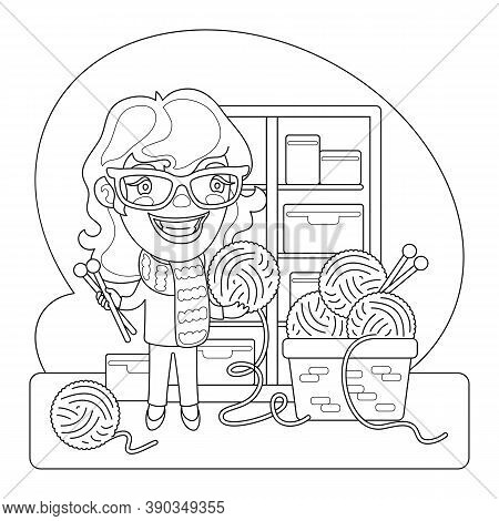 Cartoon Illustration Of A Smiling Woman Knitter With A Ball Of Thread. Coloring Book Page With Profe