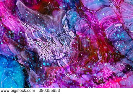 Resin Art Paint With Red, Blue And White Colors. Liquid Backdrop With Splashes And Ripples. Modern A