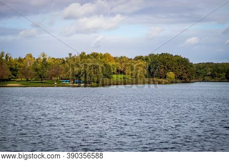 The Beach Of Lake Gebart (gébárti-tó) In Autumn In Zalaegerszeg, Hungary