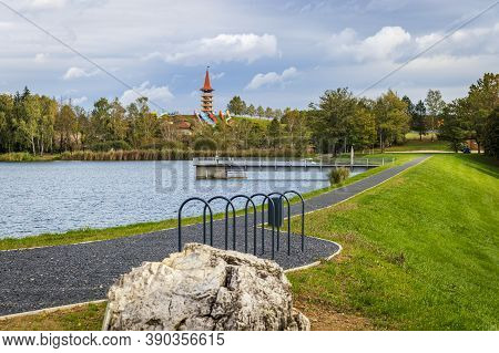 Embankment Of Lake Gebart (gébárti-tó) In Autumn In Zalaegerszeg, Hungary
