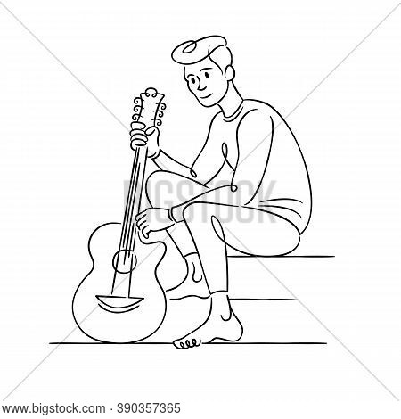 Young Male Musician Sits With A Guitar. Continuous Single Line.flat Sketch Line Design Style Minimal