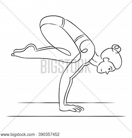 Young Woman In Bodysuit Is Engaged In Practicing Sports Yoga Exercises. Continuous Single Line.flat 
