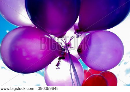 several balloons in blue, white and red colors for decoration on new year celebrations