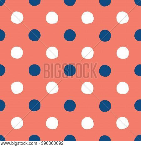 Blue And White Cut Out Polka Dot On Red Background.