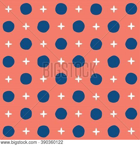 Blue circles and white stars on a red background seamless vector pattern. Abstract hand-drawn geometric print. Large scale polka dot fantasy repeating diamond design.