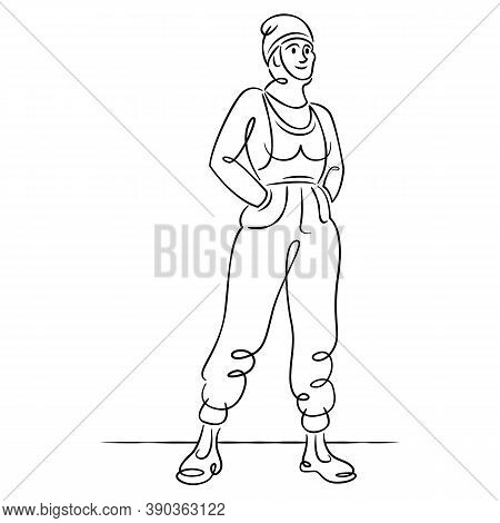 Young Woman In A Fashionable Jumpsuit. Continuous Single Line.flat Sketch Line Design Style Minimal 