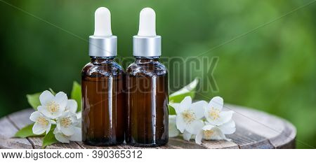 Essential Jasmine Oil. Bioproduct, Organic Cosmetics. Perfumery, Cosmetology, Aromatherapy