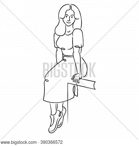 A Young Woman With Long Hair Is Sitting In A Dress. Continuous Single Line.flat Sketch Line Design S