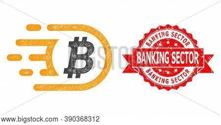 Wire Frame Bitcoin Icon, And Banking Sector Rubber Ribbon Seal Print. Red Stamp Seal Has Banking Sec