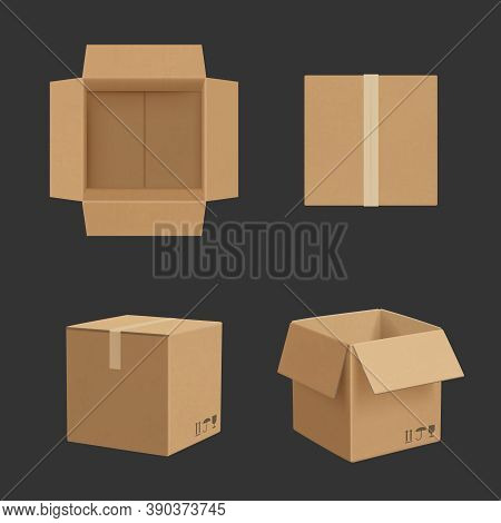 Cardboard Box. Paper Box Different Point Views Transporting Package Realistic Vector Mockup. Illustr
