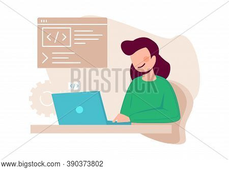 Female Programmist. Woman Writing Code, Content Manager. Young Girl Working On Laptop Vector Illustr