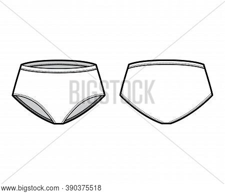 Classic Briefs Technical Fashion Illustration With Mid Waist Rise Bikini, Full Hips Coverage. Flat M