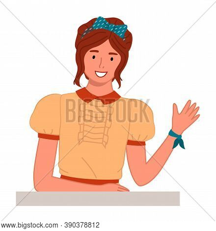Happy Young Girl With Dotted Bow In Her Hair And Blue Ornament On Her Hand Waving. Cartoon Lady Clos