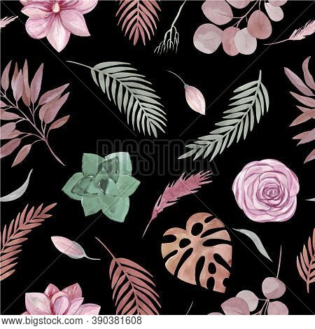 Seamless Pattern Of Floral Elements On A Black Background Boho Dried Plants And Flowers, Eucalyptus 